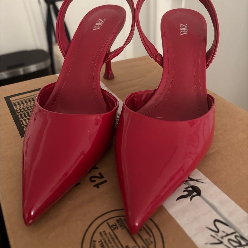 Zara Red Pointed-Toe Slingback Heels